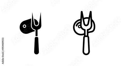 Meat fork and steak icon, black and white simple design for food service