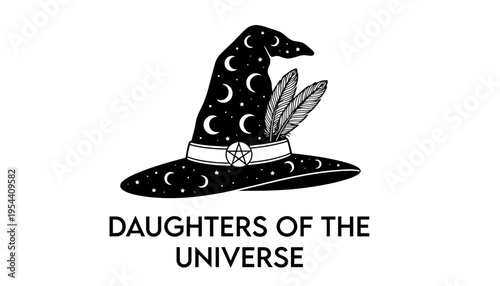 A witch hat vector illustration with crescent moons and feathers design