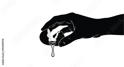 A dark silhouette of a hand squeezes a viscous liquid dripping from an unseen source.