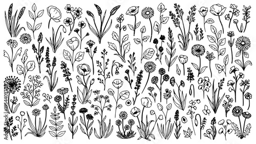 Collection of various hand drawn wildflower and botanical elements for nature inspired rustic wedding invitations or delicate seasonal garden design projects requiring simple line art.