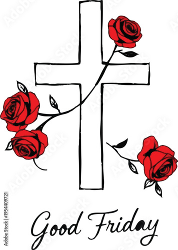 Good friday cross with red roses illustration for religious observance
