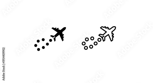 Airplane with dotted flight path trail icon for travel and aviation navigation