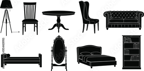 Classic furniture silhouette collection including chair sofa table lamp bed mirror bookshelf isolated black vector home interior design elements