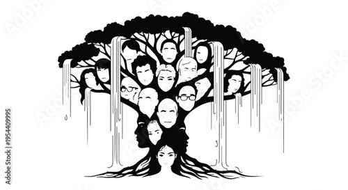 Illustrative tree features diverse human faces symbolizing family, community,.