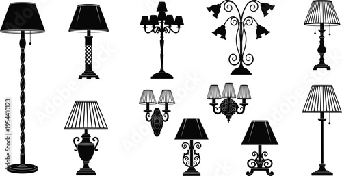 Collection of vintage table floor and wall lamps silhouettes classic decorative lighting fixtures isolated vector illustration set for interior design