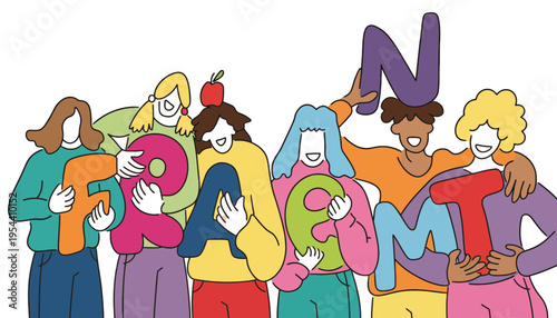 A diverse group of people holding colorful letters forming a word