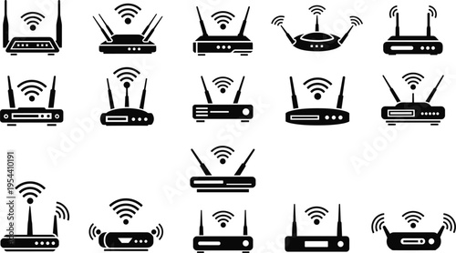 Collection of wifi router modem icons wireless internet network devices with signal antenna technology vector illustration set