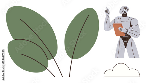 Sustainability, artificial intelligence, environment, future tech, eco-friendly innovation, robotics. A robot holds a clipboard near large leaves and a cloud shape. Sustainability and artificial