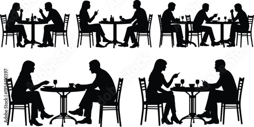 Couples talking and dining at restaurant table silhouettes set cafe conversation dinner date people eating vector illustration collection