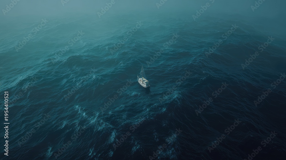 Fototapeta premium Lone Sailboat Navigating Through Mysterious Fog on Deep Blue Ocean Waters in Tranquil Yet Unsettling Scene of Nature's Beauty