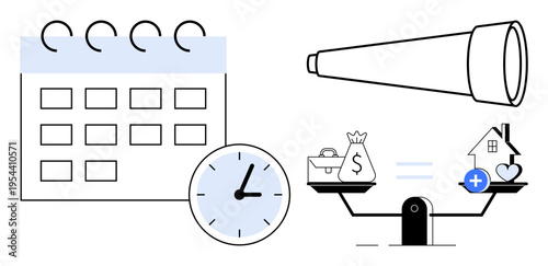 Financial planning. Calendar, clock, and telescope future goals while scale balances money and life elements. Financial planning for goal setting, time management, work-life balance, personal growth