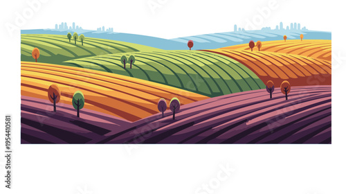 Vibrant illustration of rolling hills with trees and fields in a landscape view.