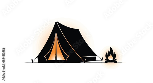 Black canvas camping tent glows warmly next to a small campfire.