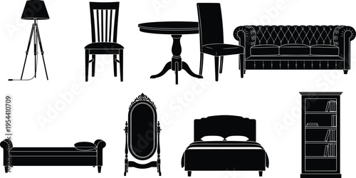 Furniture silhouettes set including lamp chairs table sofa chaise mirror bed bookshelf isolated black vector home interior icons collection illustration