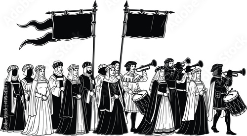 Medieval procession with people in period costume black and white