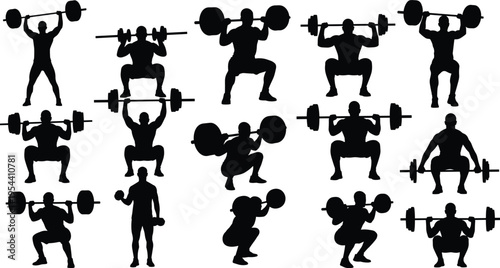 Collection of black silhouette figures performing various weightlifting exercises