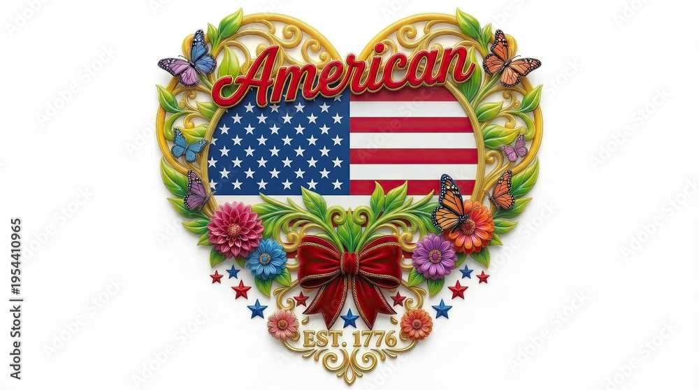 Obraz premium Patriotic Heart of America: An emblem of national pride, featuring the American flag at its core, adorned with floral elements and butterflies, symbolizing beauty, and freedom.