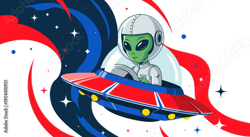 Alien Pilot in Flying Saucer Navigating Through Cosmic Swirls
