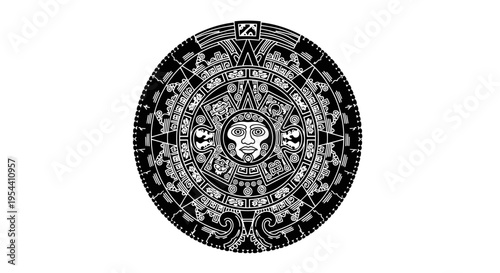 Photos Aztec Sun Stone Calendar Symbol, Ancient Mesoamerican Art, Black and White