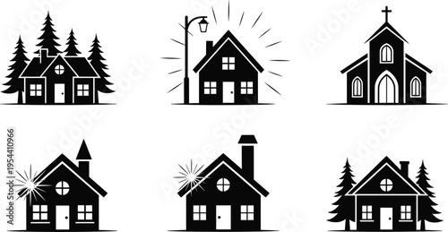 House and church silhouettes collection with trees and street lamp residential building icons isolated vector illustration set