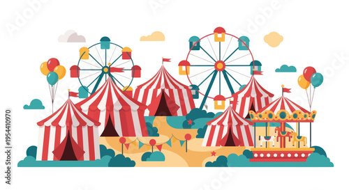 Carnival Fairground with Ferris Wheels, Carousel, and Striped Tents