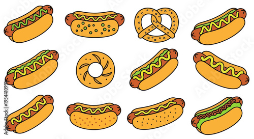 Collection of Hand-Drawn Hot Dogs and Pretzels on White Background