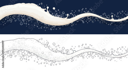 Creamy Milk Wave Splash with Bubbles on Dark Blue Background