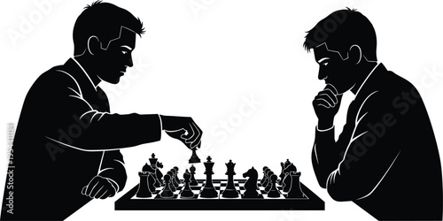 Chess players silhouette vector illustration, strategic board game concept with thoughtful move, competitive match design, intellectual sport art emphasizing focus and tactics