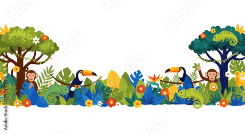 Vibrant Jungle Scene with Toucans, Monkeys, and Chameleons in Lush Tropical Foliage