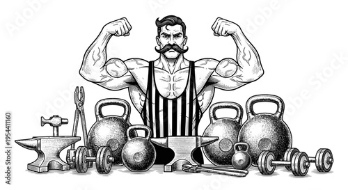 Strongman Vintage Blacksmith Workout with Kettlebells and Dumbbells