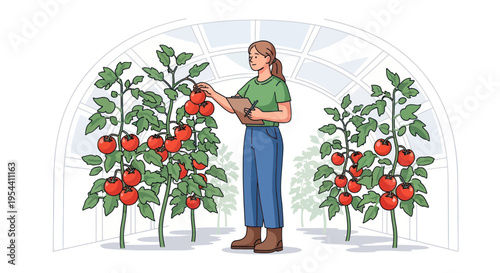 Woman harvesting ripe tomatoes in a greenhouse