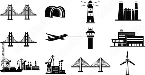 Industrial infrastructure silhouettes set including bridges lighthouse tunnel airport factory crane wind turbine airplane vector engineering transport icons