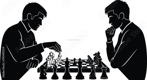 Chess players silhouette vector illustration, competitive board game concept with strategic move, thoughtful opponent design, intellectual sport art emphasizing focus and tactics