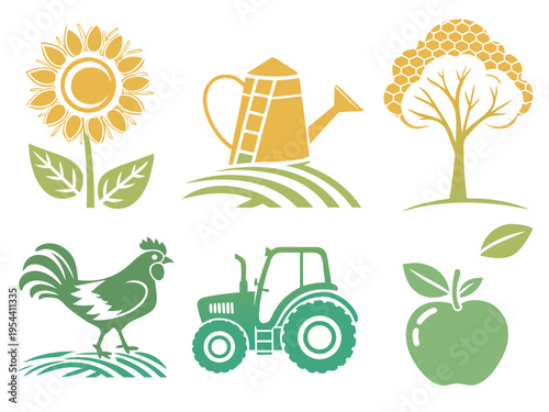 Set of 6 Flat Design Agriculture and Farming Icons Vector Collection: Sunflower, Watering Can, Tree, Rooster, Tractor, and Apple for Organic Food and Rural Life Concepts