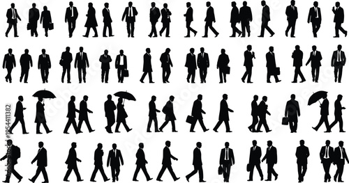 Large set of business people silhouettes walking men in suits carrying briefcases professional office workers isolated vector illustration