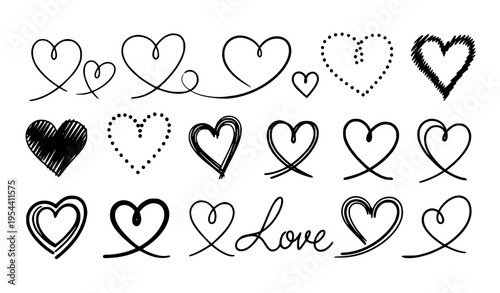 Hand Drawn Heart Outline Icons Love Symbols Romantic Vector Set for Valentine Cards