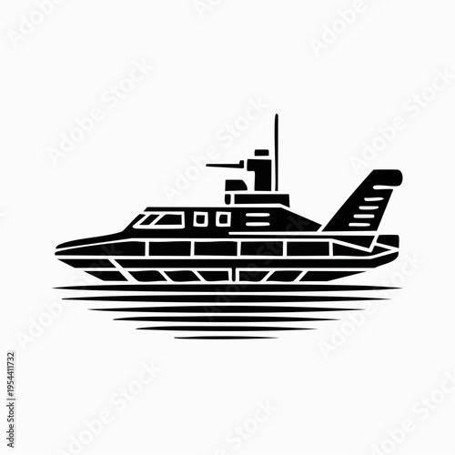 black and white vector illustration of a modern speedboat