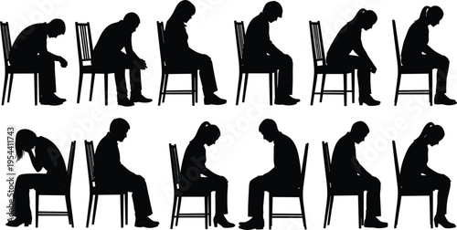 Silhouette illustration of twelve people sitting in chairs, slouched posture, depression concept, sadness, fatigue, loneliness, mental health awareness, emotional stress vector art