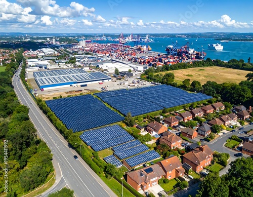 An aerial shot showcases expansive solar panel arrays adjacent to residential homes and industrial port activity with a body of water in the background