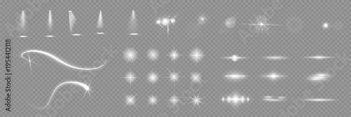 Various light effects on a transparent background. They have the form of symmetrical rays, reminiscent of twinkling stars. For decorating dynamic scenes or adding movement.