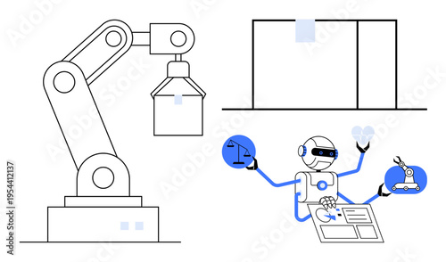 Automation, industry, innovation, artificial intelligence, robotics, manufacturing. Robotic arm lifting an object and a multifunctional AI-powered robot. Automation and artificial intelligence concept