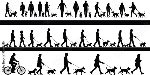People walking dogs silhouettes set men women pet owners with dogs on leash outdoor activity vector illustration collection
