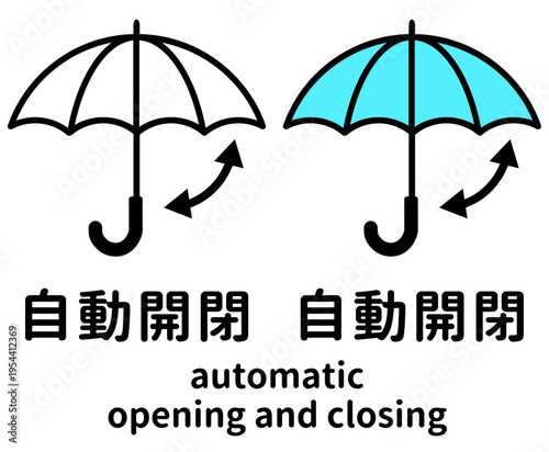 自動開閉傘のアイコンセット 傘の開閉機能を示すイラスト 矢印付きの傘 折りたたみ傘 雨具 機能説明 案内図記号 ピクトグラム 水色と白のバリエーションベクターイラスト