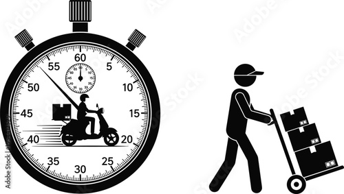 Vector illustration of delivery methods, stopwatch with scooter fast shipping, person pushing hand truck boxes, logistics, transportation, courier service, efficiency concept design