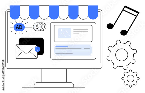 E-commerce, digital business, online advertising, marketing strategies, multimedia, product management. Desktop screen with icons of email, ads music and gears. E-commerce and marketing strategies