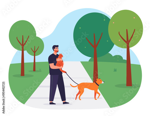 modern flat vector illustration of a young man walking his pet in the park