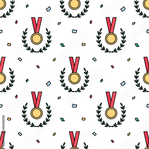 Gold medal on red ribbon, sport gold medal, laurel wreath in doodle style seamless pattern for award ceremony design. Vector