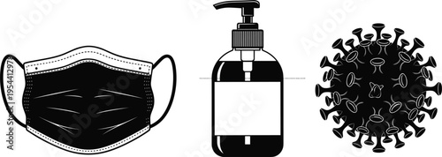 Vector illustration of protective face mask, hand sanitizer pump bottle, virus symbol, hygiene concept, COVID-19 prevention, health safety awareness, medical protection design artwork