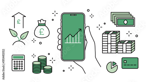 Smartphone Investment & Fintech in Hand Financial Icon Set, Variable Stroke Width