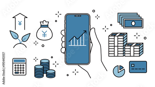 Smartphone Investment & Fintech in Hand Financial Icon Set, Variable Stroke Width